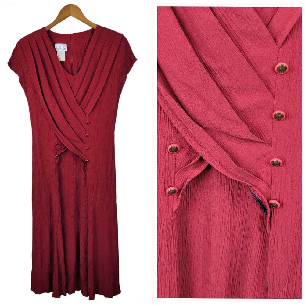 Vintage Wrap Top Dress size 10/12 Medium Grunge Modest Long Crinkle Red Midi